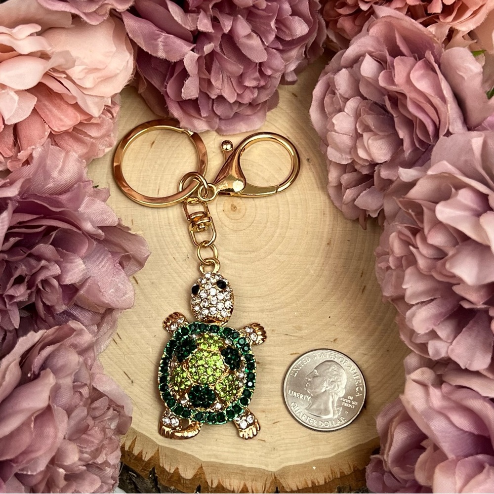 Green and Silver Crystal Turtle Keychain Charm - Picture 15 of 16